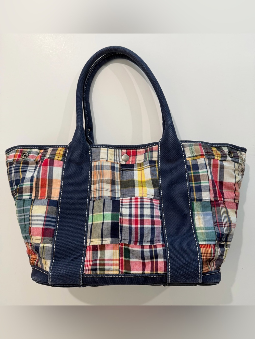Madras Patchwork Plaid Vintage J.Crew Large Tote Bag Navy Canvas - Picture 3 of 16